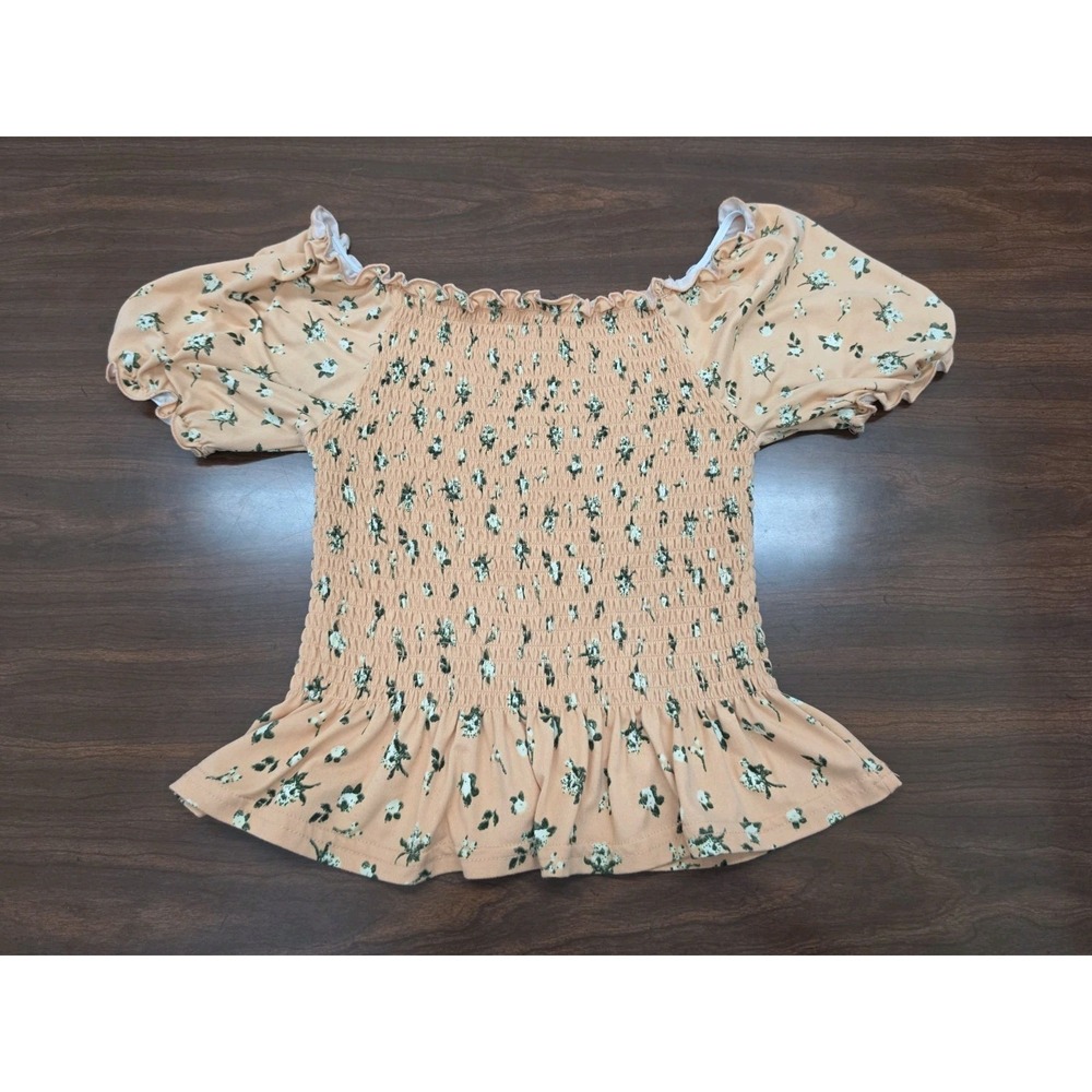 Stella Tweed Juniors Large Peach Floral Smocked Off Shoulder Crop Top Ruffle Hem